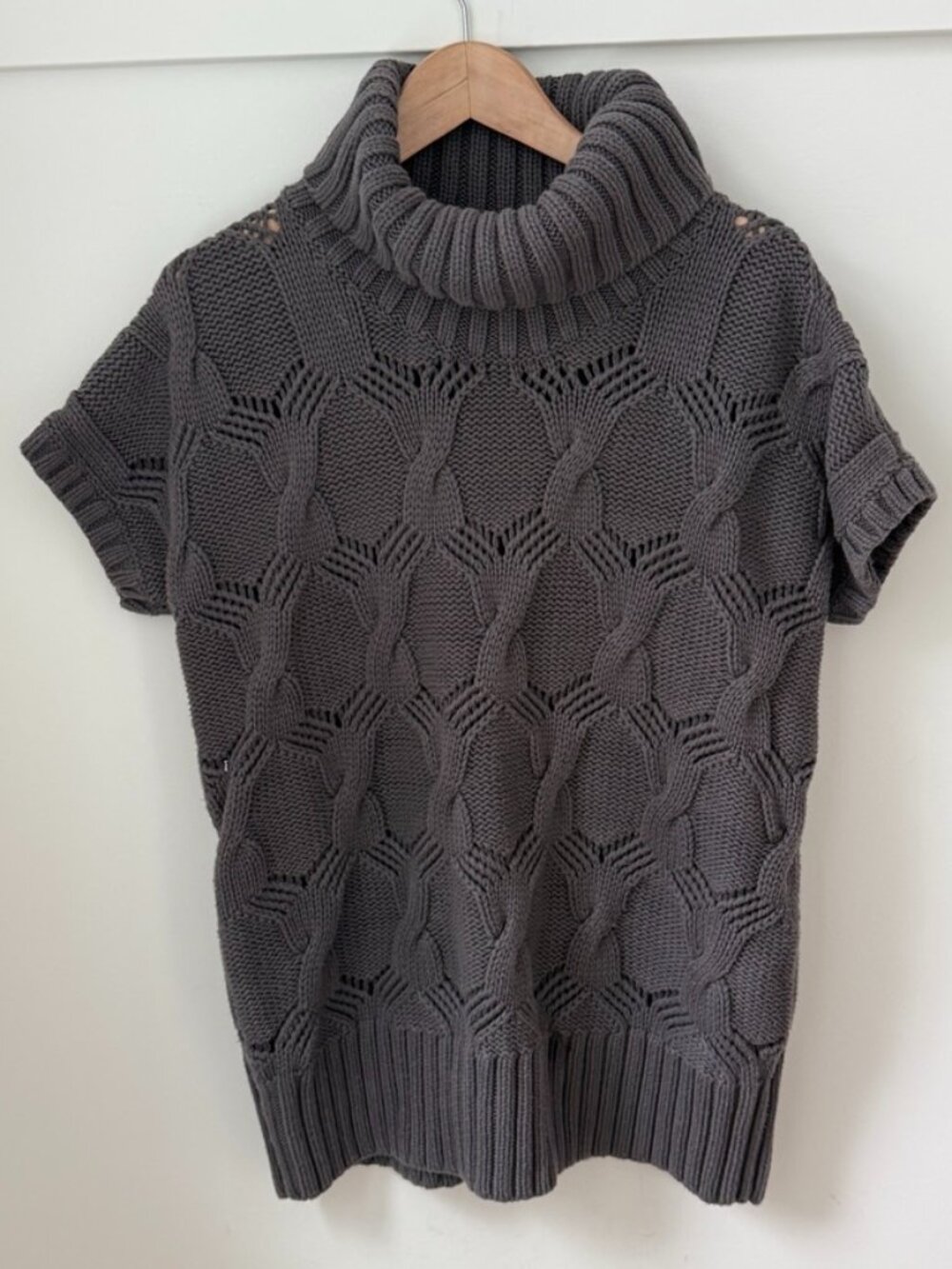 ESPRIT Dark Gray Chunky Cable Knit Cowl Neck Short Sleeve Sweater Top XL